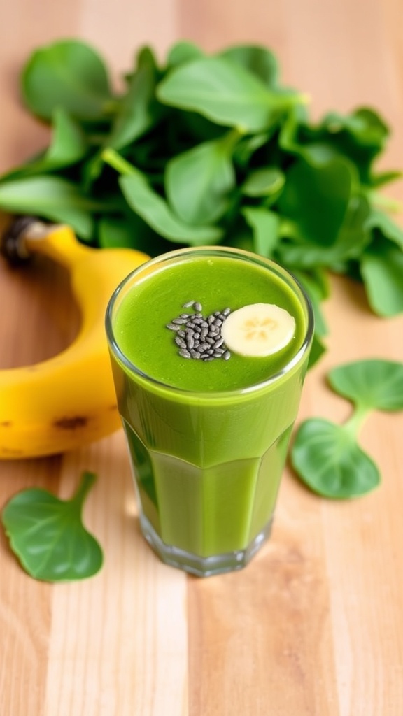 A green gut health smoothie in a glass, garnished with banana and chia seeds, surrounded by fresh spinach.